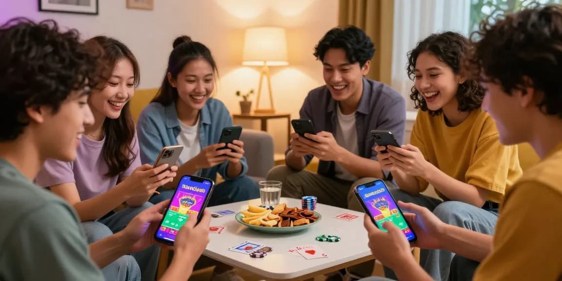 Friends enjoying Teen Patti Gold on smartphones, sharing laughs and strategies, showcasing social gaming fun. Click to go to site for the app.