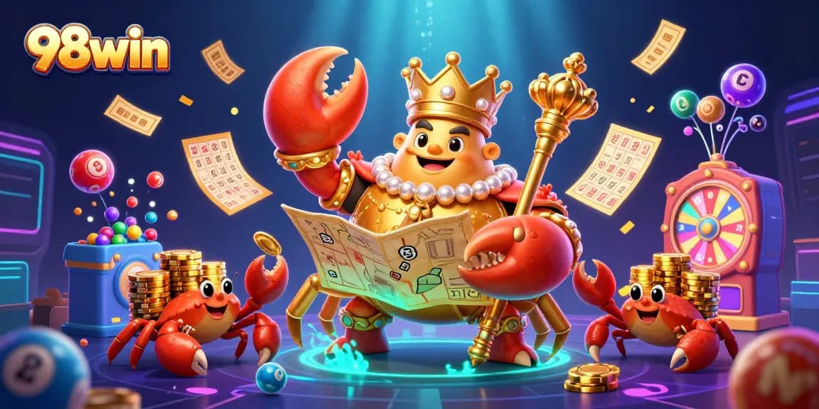 Experience exciting gaming with 98win's vibrant, dynamic casino illustration featuring lottery elements.