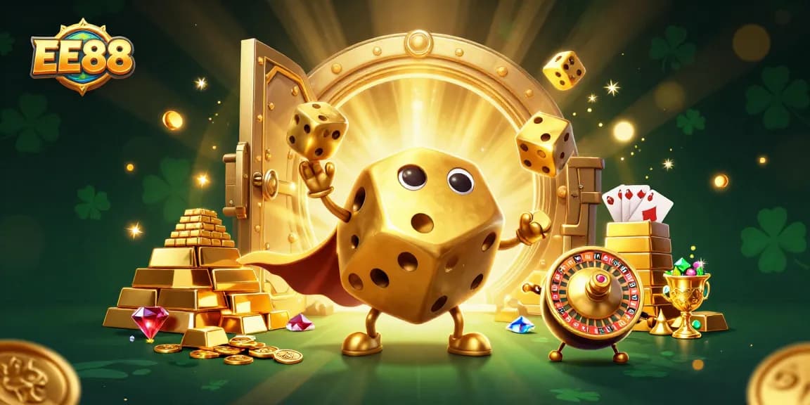 Experience the thrill of EE88 with vibrant golden dice golem and immersive casino elements in a dynamic scene.