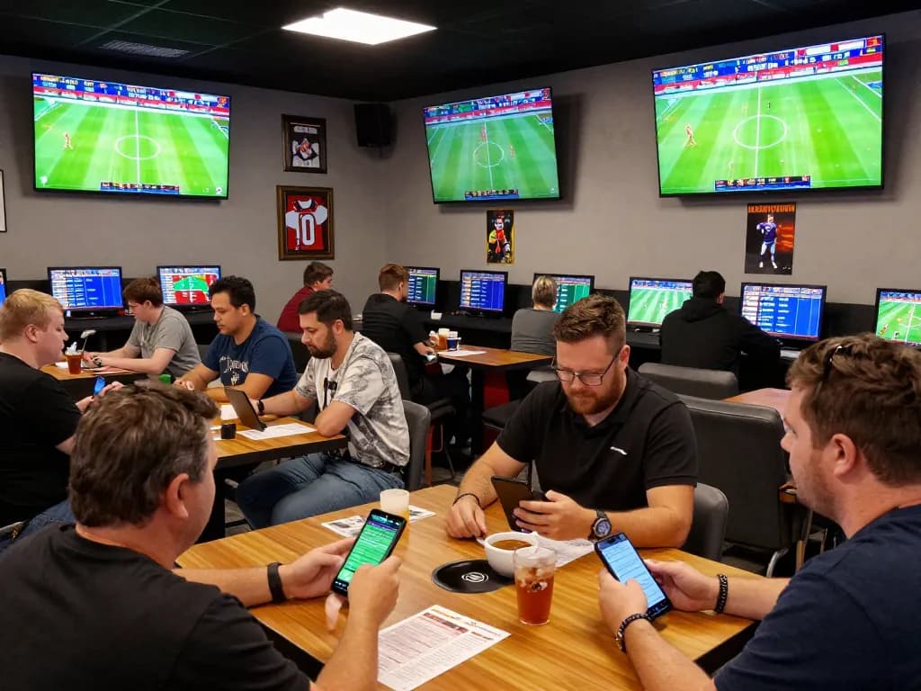 Tỷ Lệ Bóng Đá displayed on screens in a lively sports betting lounge, capturing the excitement of live betting action.