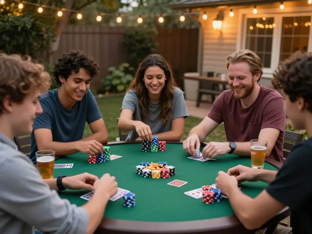Players focus intently on poker game as they enjoy a casual night, showcasing gincal excitement and camaraderie.