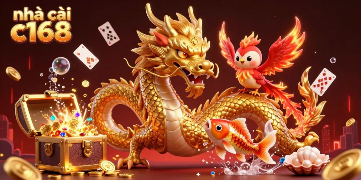 Experience top-tier excitement at nhà cái c168 with a vibrant scene featuring a golden dragon and coins.
