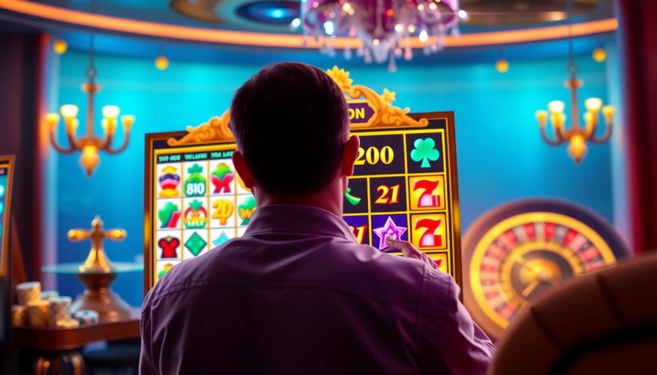 A player enjoying Slot Gacor games in a luxurious online casino setting, showcasing excitement and winning potential.