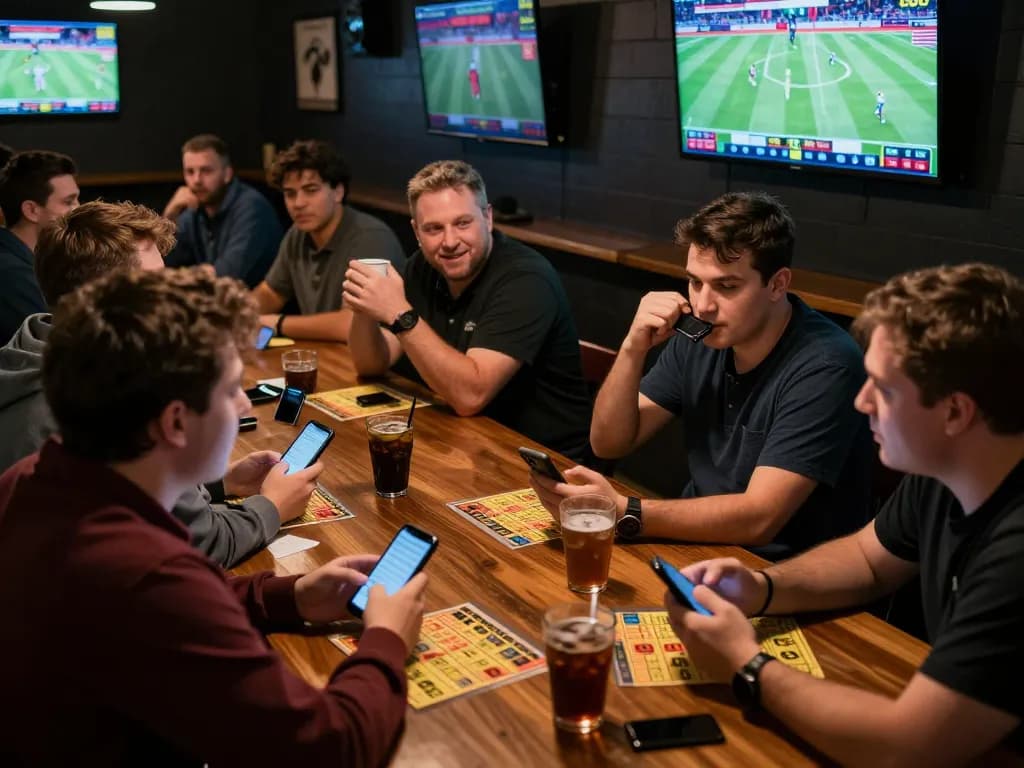 LLWIN users actively engaged in sports betting with smartphones and game screens in a vibrant sports bar.