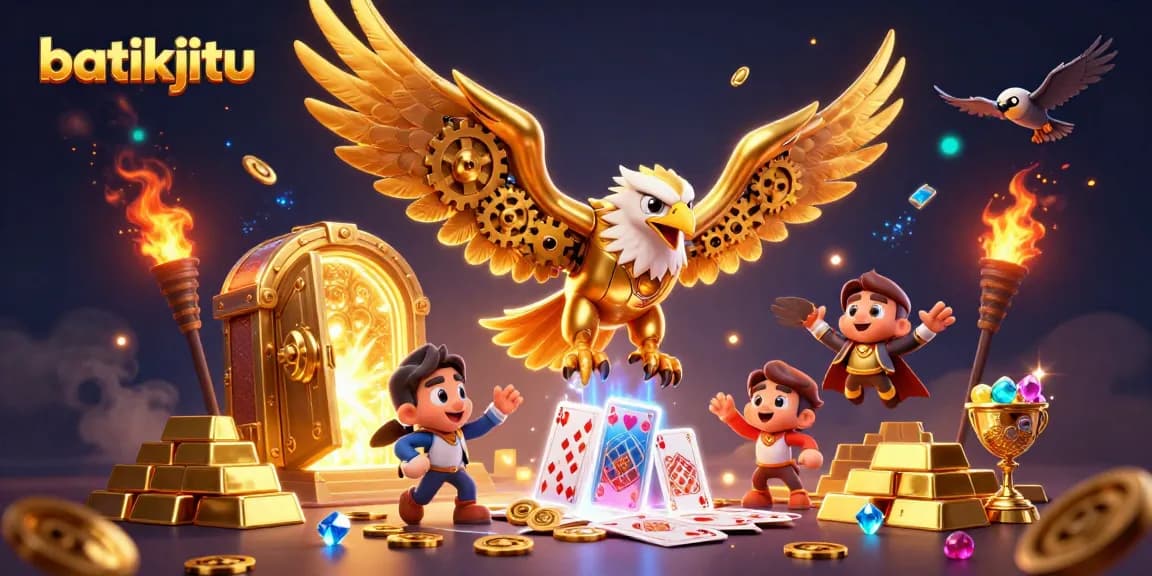 Batijitu memicu jackpot dengan slot spektakuler dan kartu permainan di latar yang megah.
