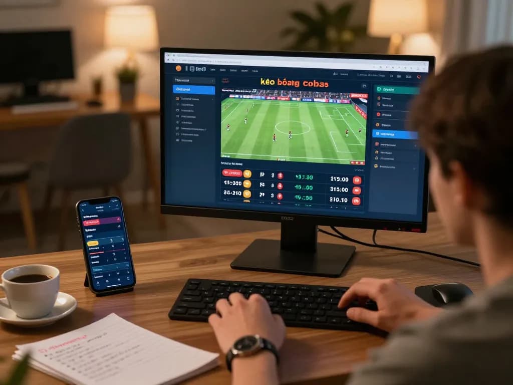 Engaged user analyzing kèo bóng đá on multiple devices for strategic betting insights.