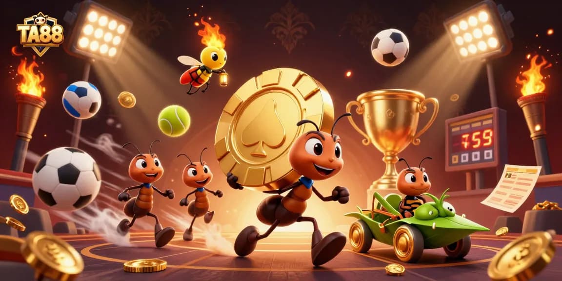 TA88 captures a heist scene with ants, gaming elements, and dynamic sports action.
