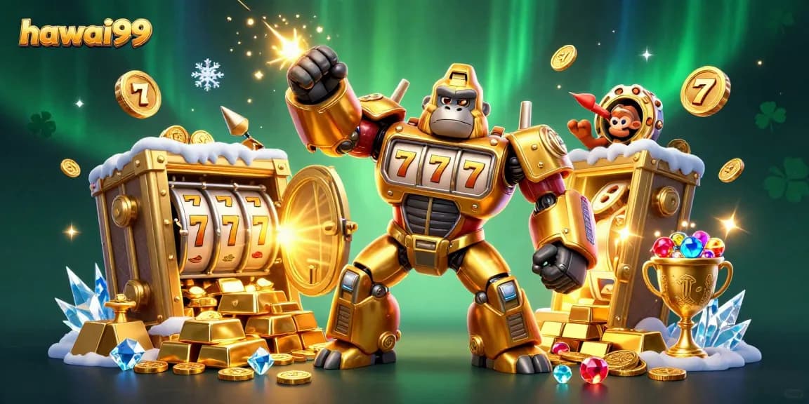 Experience the excitement at hawai99 with slots-style illustration of a golden gorilla mech and treasures.