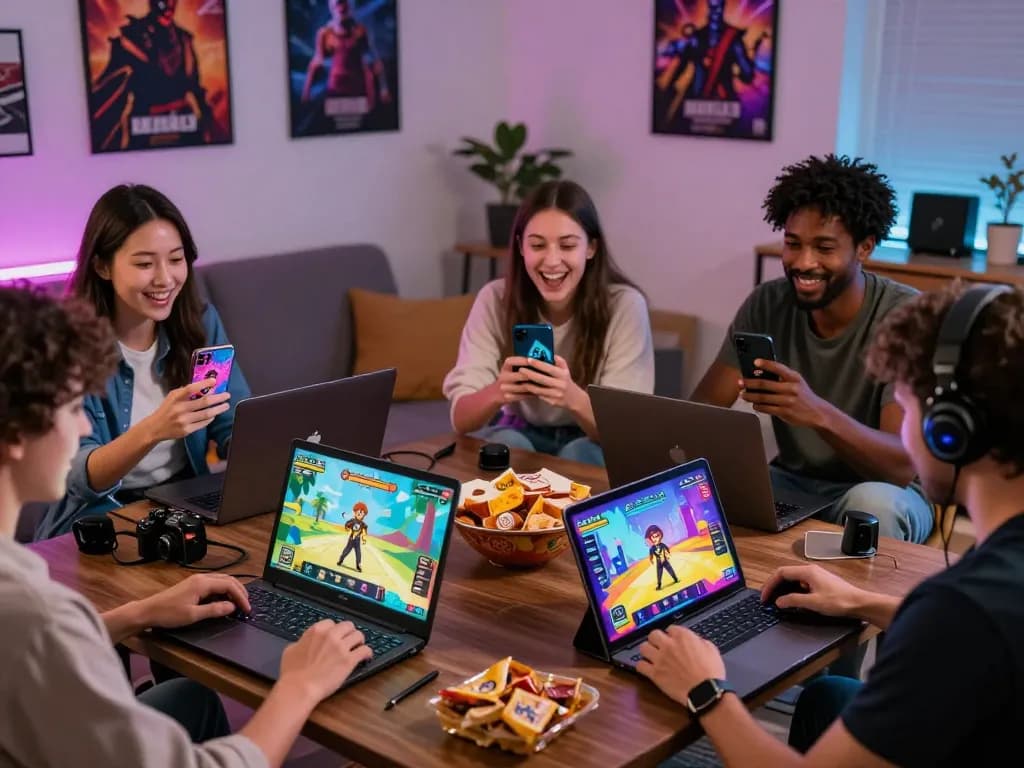 People enjoying free porn games on multiple devices in a cozy living room setting