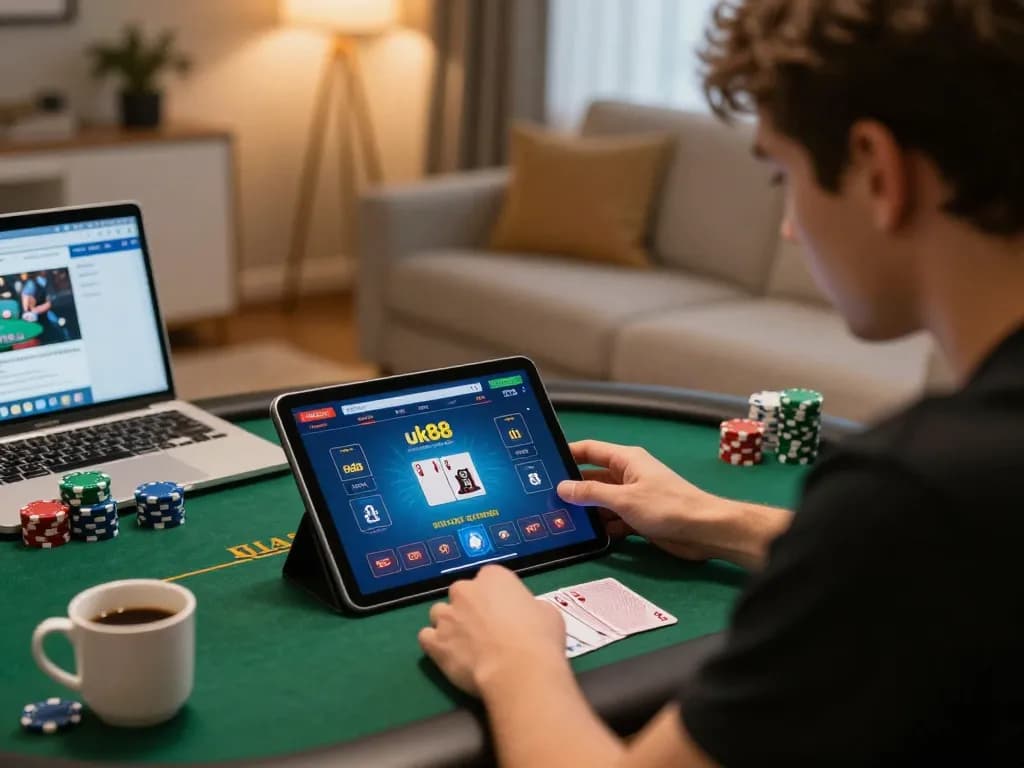 Player analyzing strategies while engaged in a poker game on uk88's online platform, cozy home setting.