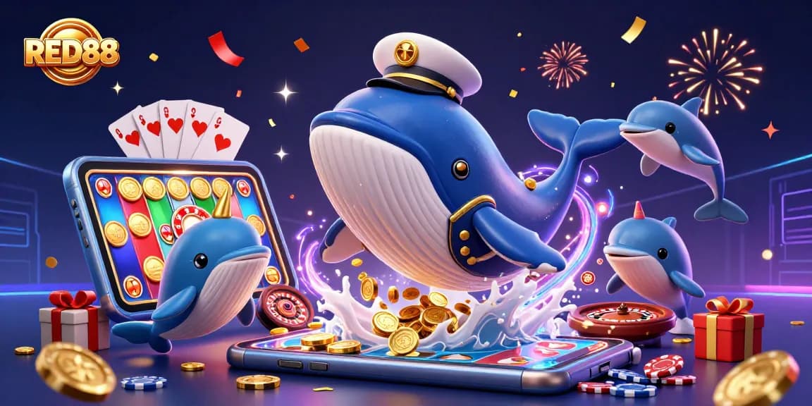 Engage in thrilling gameplay at RED88 with exciting slot reels and playful casino characters.