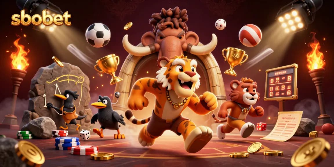 Experience sbobet betting excitement with a vibrant prehistoric casino scene featuring a dynamic caveman duo.