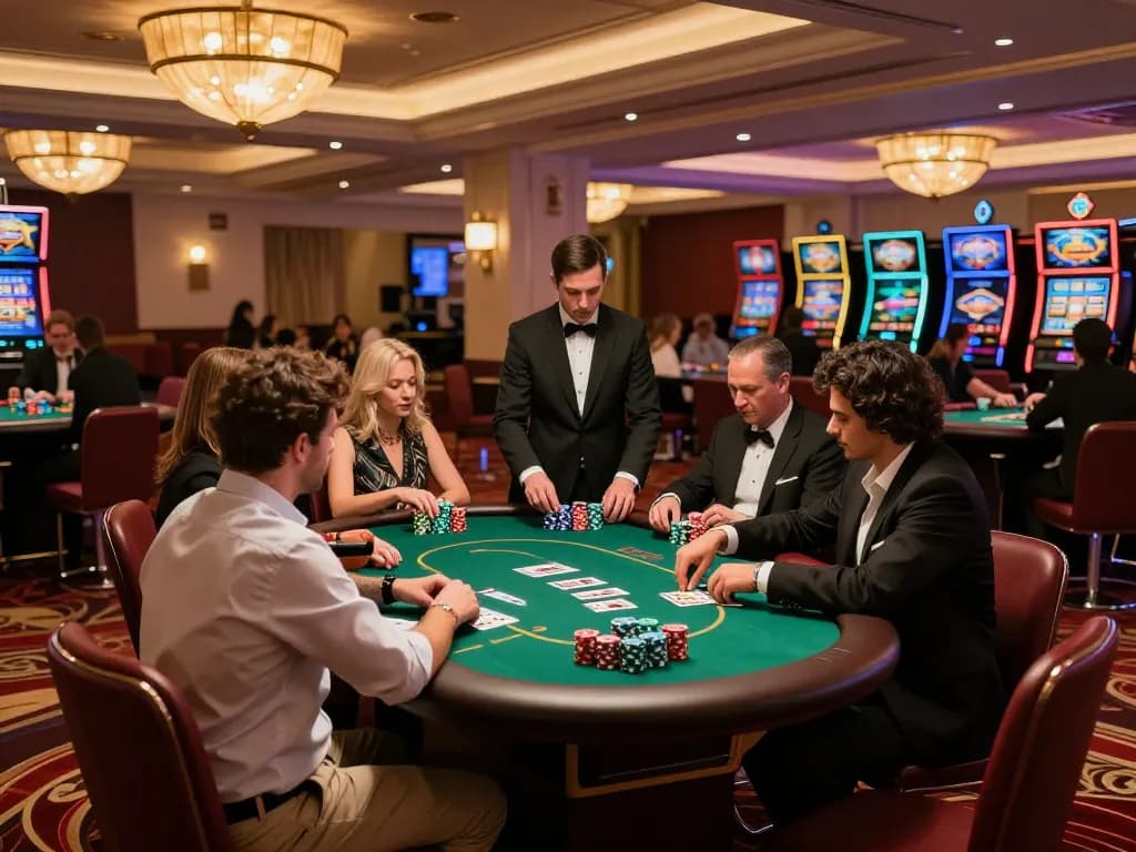 B52club players engaged in strategic poker game at exclusive casino table, sophisticated atmosphere with vibrant decor.