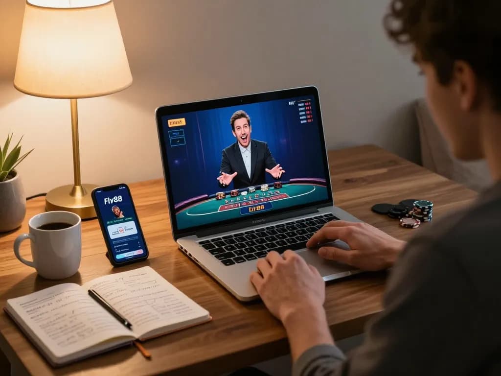 Experience online blackjack with Fly88 in a cozy setup, engaging with dealers and strategy notes.
