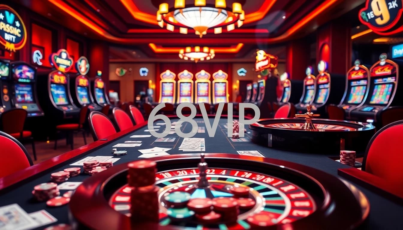 Experience the thrill of 68VIP with a vibrant casino table surrounded by gaming excitement.