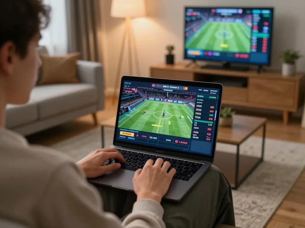 Player analyzing odds and making strategic bets on okfun online sports platform in a cozy living space