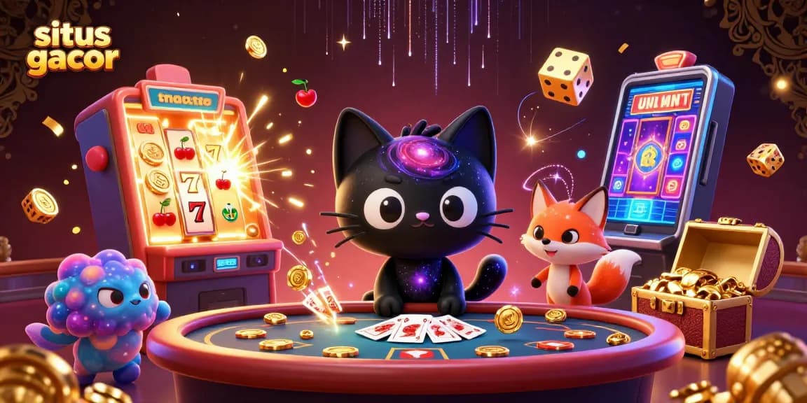 Situs gacor showcases a cosmic casino scene with a black hole cat and colorful fox amidst jackpot wins.