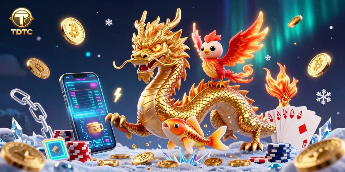 Engage with TDTC casino adventures featuring a dragon, phoenix, and koi fish amidst poker elements.