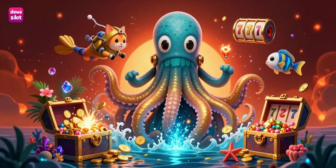 Dive into dewa slot action with a vibrant scene of a kraken, diving cat, and glowing fish amidst treasure and slot reels.