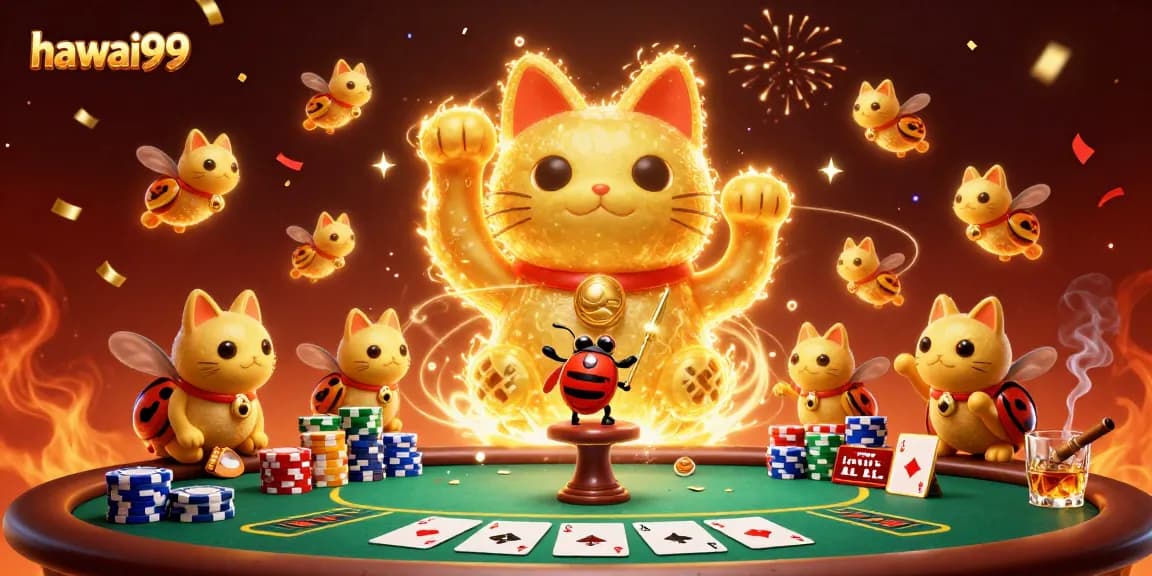 Illustration of a vibrant lucky cat surrounded by poker symbols for hawai99's casino experience.