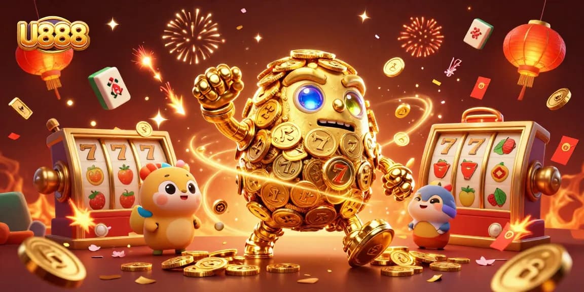 U888 captivates players with an elaborate golden golem amidst vibrant gaming elements and festive atmosphere.
