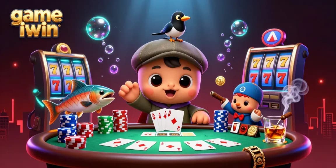 Engage with game iwin amid playful characters and vibrant casino elements in this dynamic illustration.