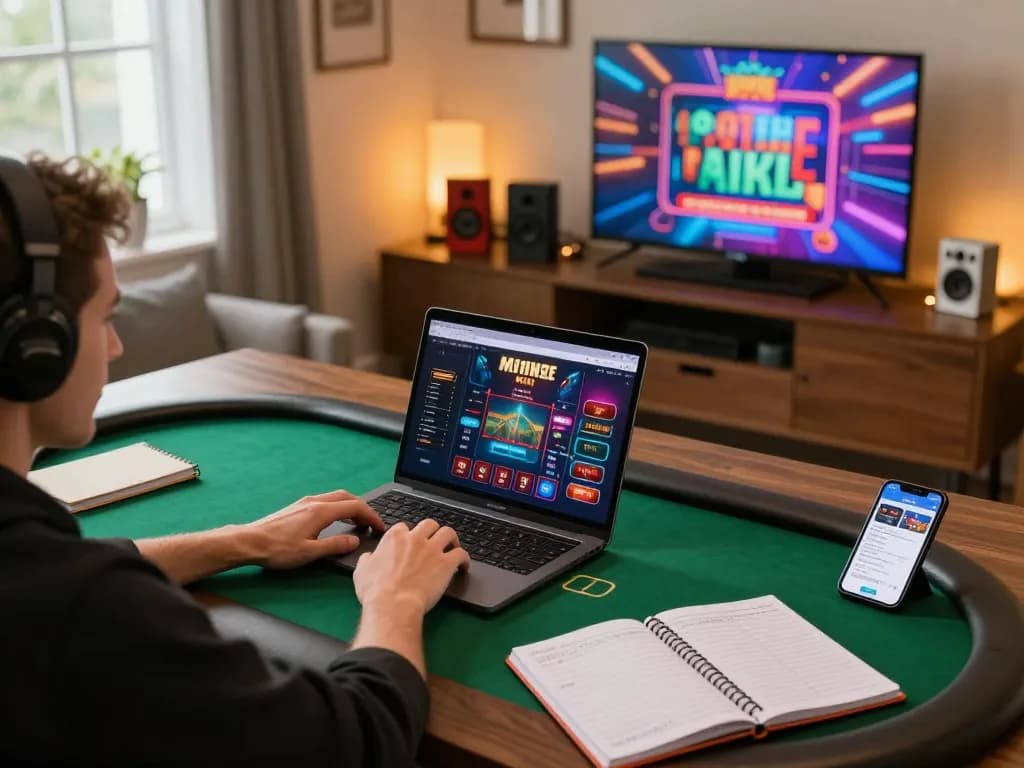 Engaged player enjoying sun win odds at their online poker game with strategic notes