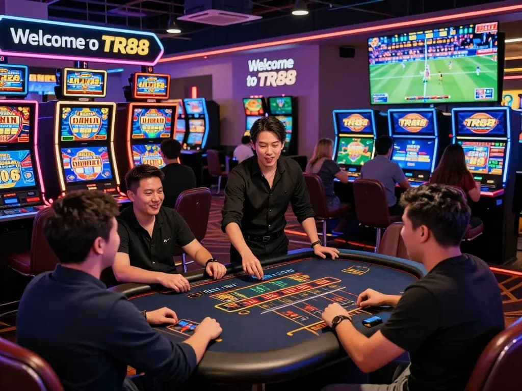 Exciting TR88 online casino gaming scene with players at live tables and slot machines.