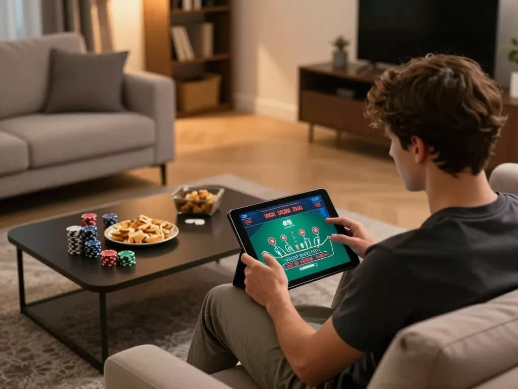 Engaging in an online blackjack game at home, showcasing okfun's modern gaming interface.