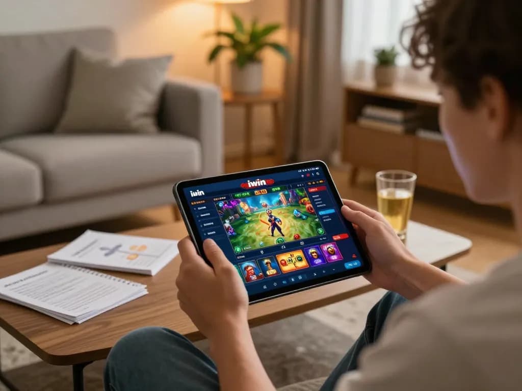 Player engaging in iwin casino app on tablet in a cozy home setting, showcasing vibrant game graphics.