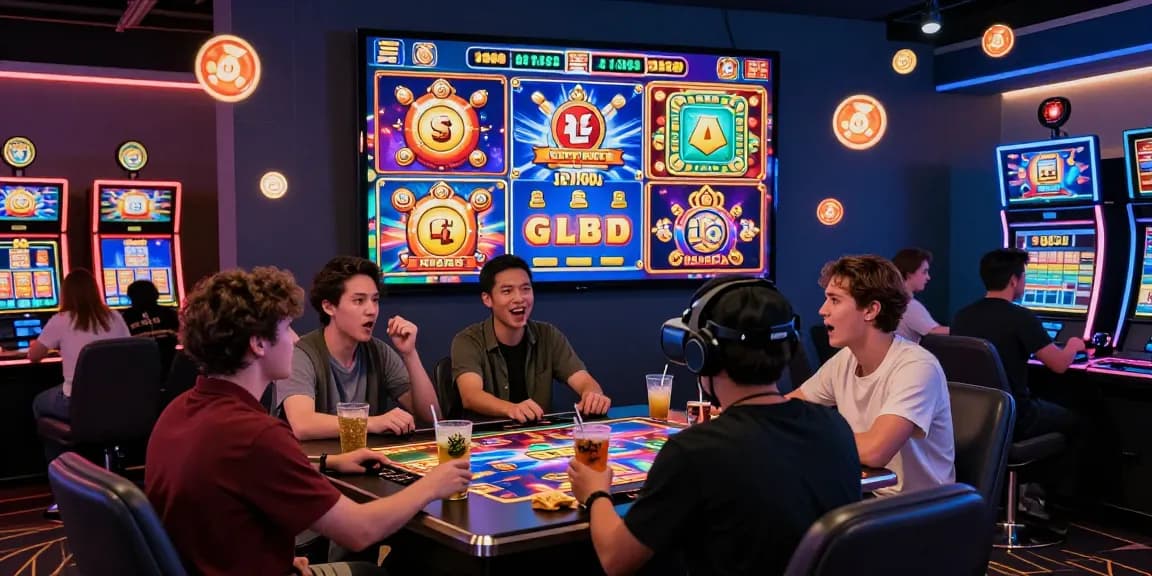 Permainan slot online di kasino digital dengan tampilan berwarna-warni dan pemain bersemangat.