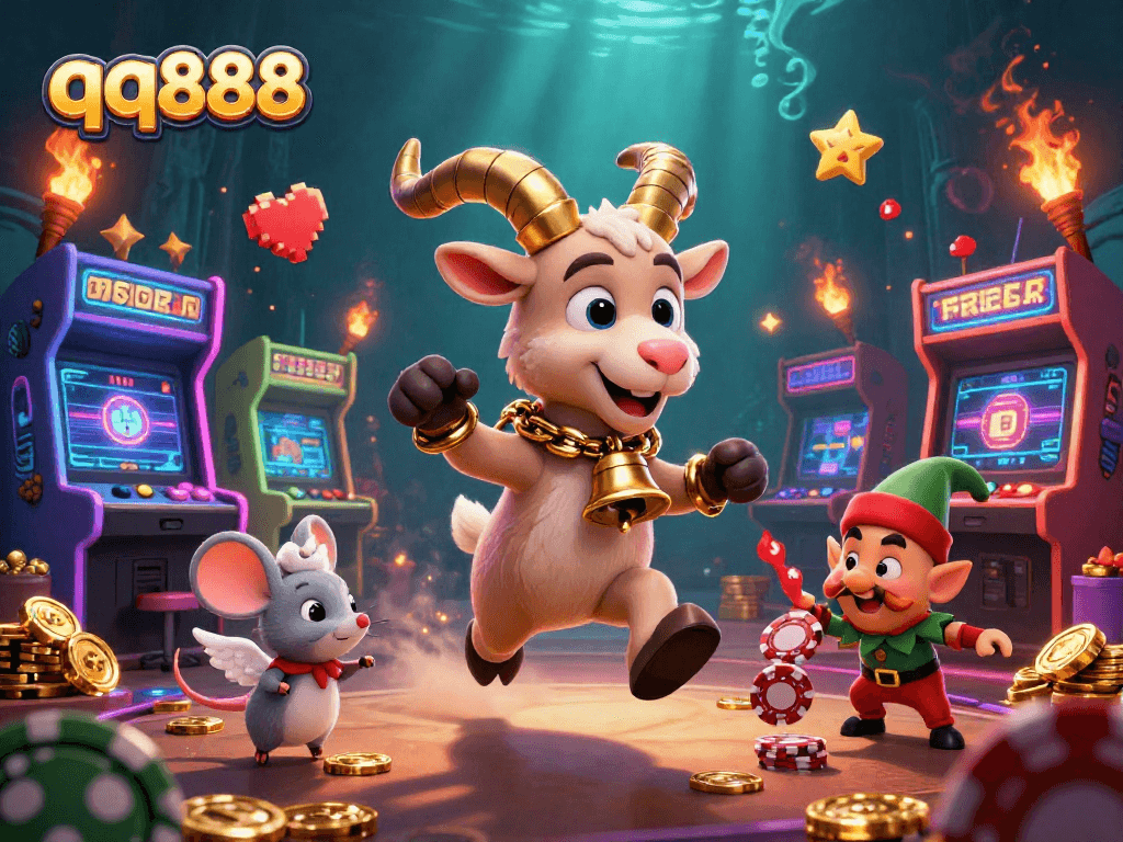 Experience thrilling gameplay at qq888 casino with a colorful scene of cartoon characters amidst gaming excitement.