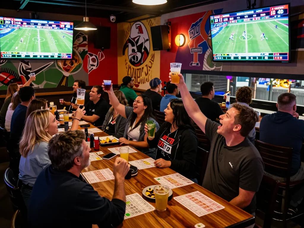 Engaged sports bettors celebrating wins live on 7m betting scores at a lively Las Vegas bar.