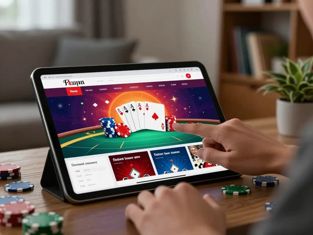 Engaging in online poker gameplay on a tablet featuring tr88 casino platform, cozy home environment