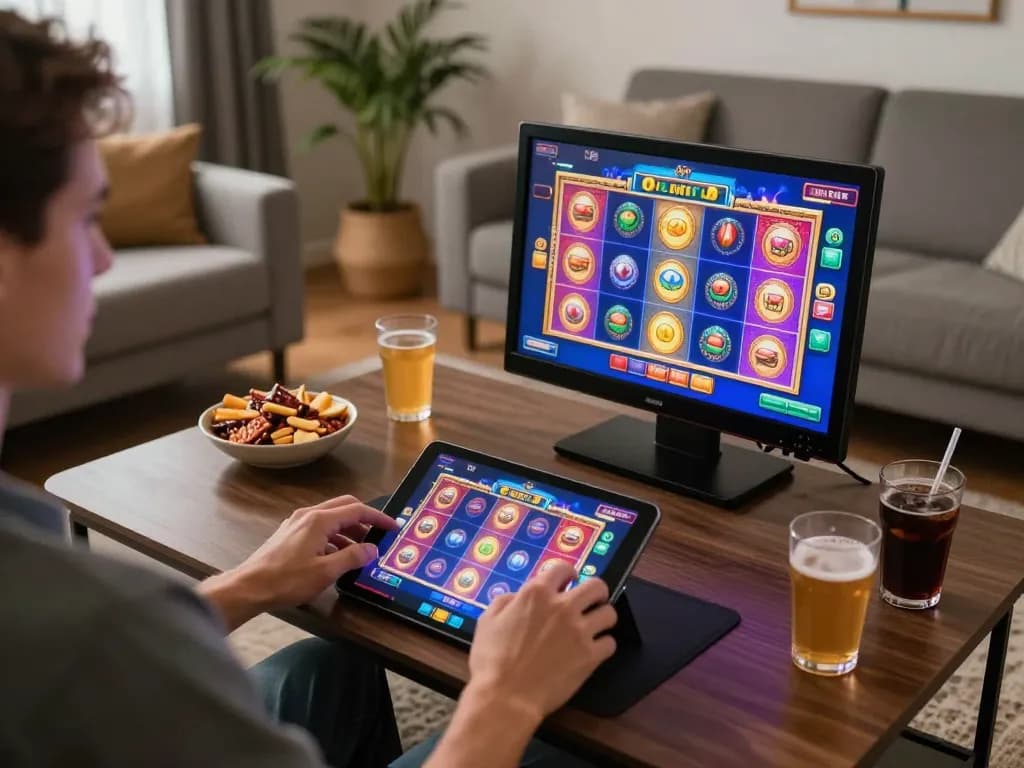Player enjoying tg88 slots on a tablet in a cozy living room.