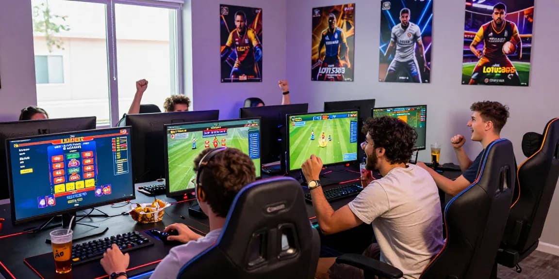 Friends engaged in online gaming with Lotus365, featuring dynamic setups and colorful displays.