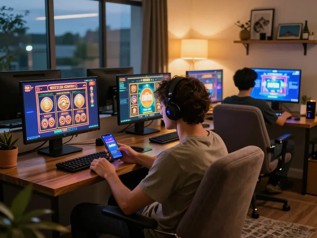 Engaging in online casino games at home with iwin app on smartphone, showcasing various slot games.