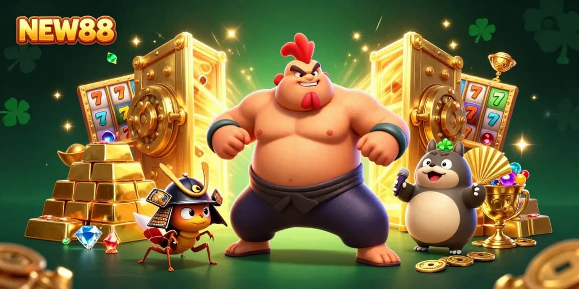 Engage in thrilling gameplay at NEW88, showcasing powerful sumo wrestler and samurai elements in a festive casino scene.