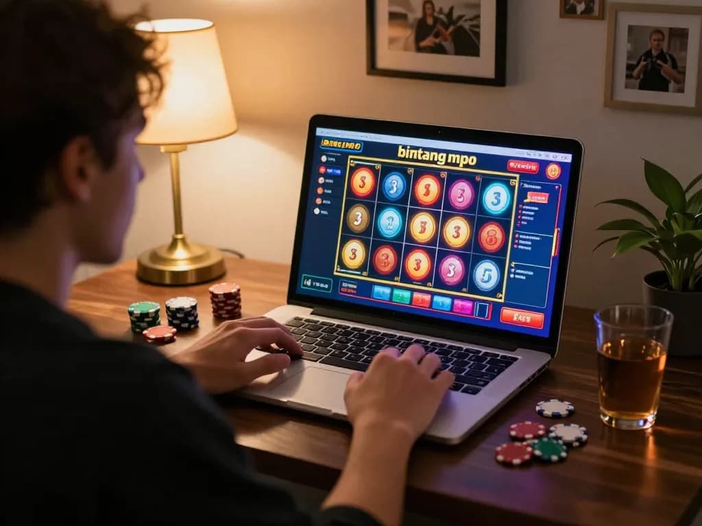 Pemain Bintangmpo terlibat dalam slot online dikelilingi oleh chip dan minuman