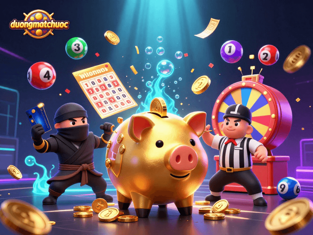 Experience thrilling moments with duongmatchuoc as the golden piggy bank sumo wrestler stomps and unleashes coins in a vibrant 3D scene.