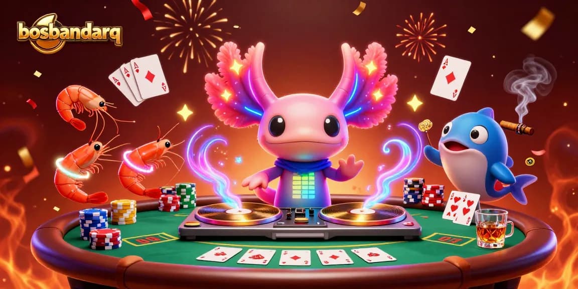 Experience exciting gameplay at bosbandarq with a neon-colored DJ and vibrant poker elements.