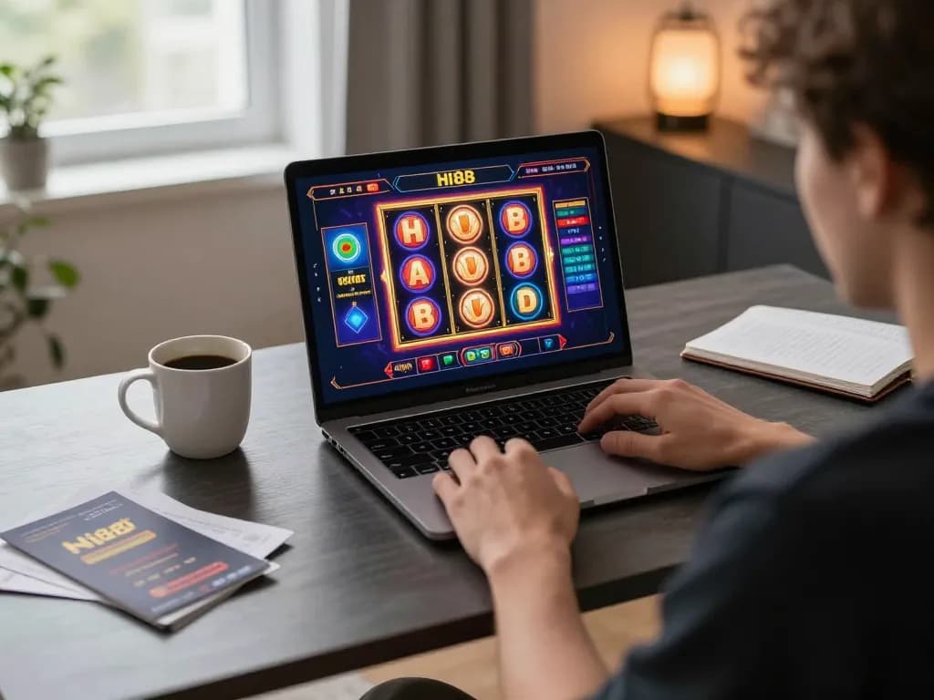 Engaged player enjoying Hi88 online slots game on laptop in cozy home office