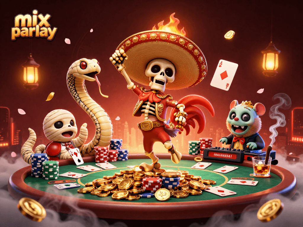 Engage in mix parlay betting with a vibrant scene featuring animated casino characters and poker elements.
