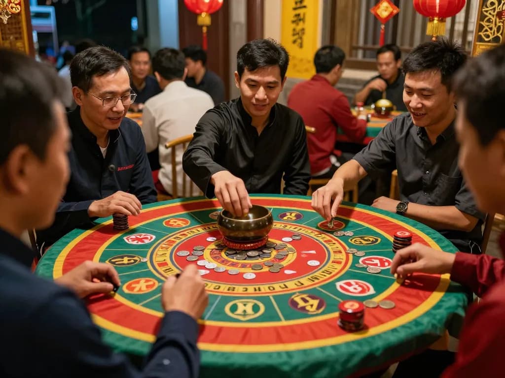 Xóc đĩa players shaking a bowl in an engaging traditional gambling scene.