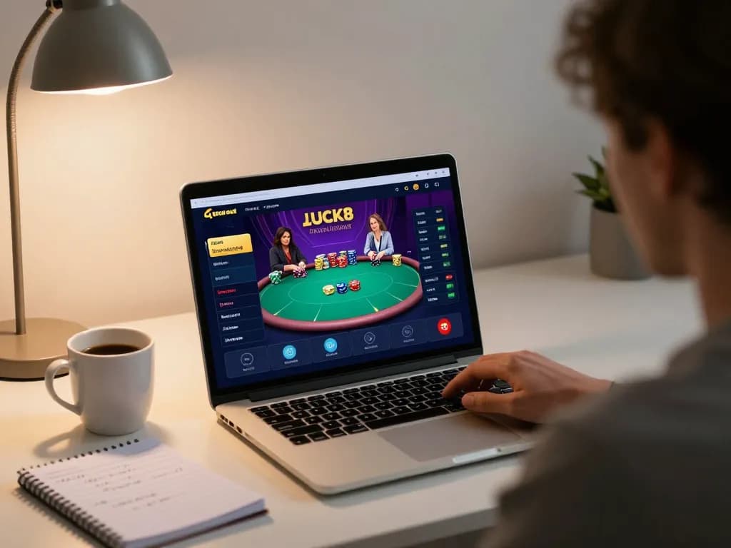 Engaging poker gameplay at Luck8 on a laptop, showcasing strategic betting and a cozy home environment.