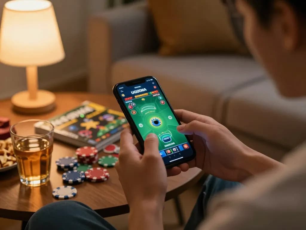 Playing UGDEWA on a mobile device in a cozy living room, showcasing strategic gaming.