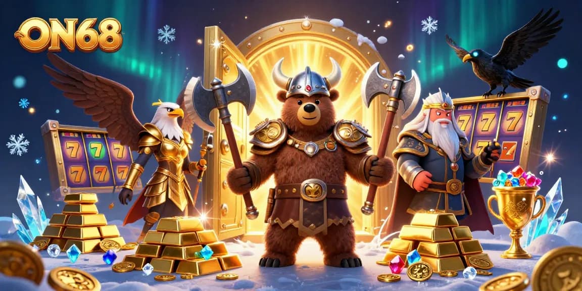Experience thrilling excitement at ON68 with Viking and Valkyrie characters in a vibrant casino scene.