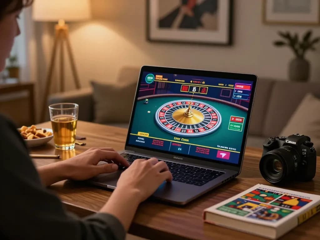 Engaging live casino gameplay on LGOGOAL showcasing a home office setup with vibrant roulette table.