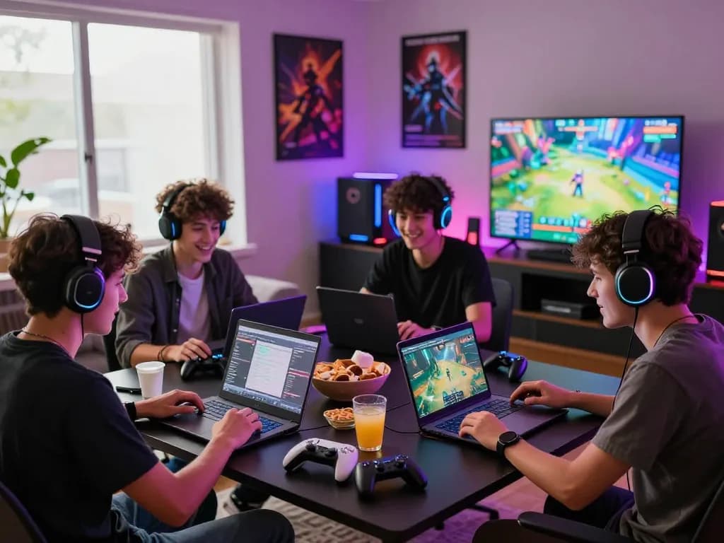 Engaged friends enjoying MAKTOGEL gaming session with laptops and consoles.