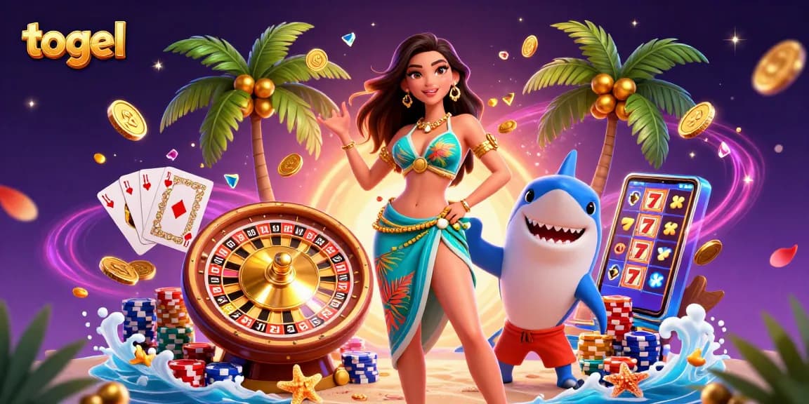Engage with togel through this vibrant 3D scene showcasing casino excitement and tropical fun.
